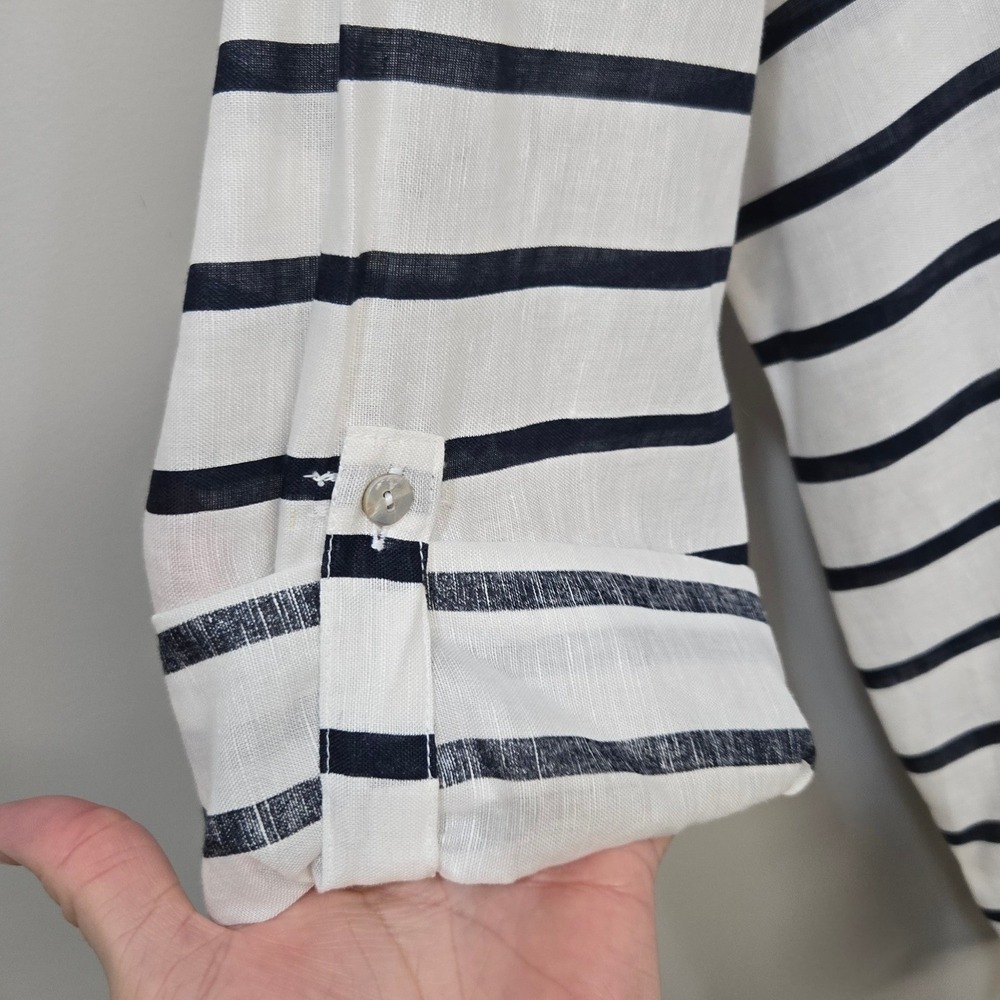 Linen Blend Stripe Shirt Top Women Large Coastal Grandma Nautical Split Neck Top - Picture 4 of 9